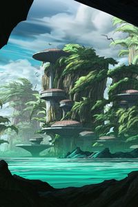 Preview wallpaper island, rocks, buildings, fantasy, sci-fi, art