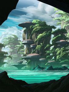 Preview wallpaper island, rocks, buildings, fantasy, sci-fi, art