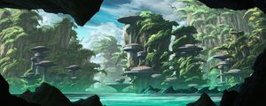 Preview wallpaper island, rocks, buildings, fantasy, sci-fi, art