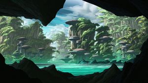 Preview wallpaper island, rocks, buildings, fantasy, sci-fi, art