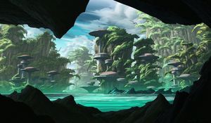 Preview wallpaper island, rocks, buildings, fantasy, sci-fi, art