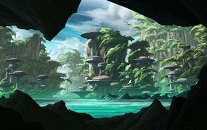 Preview wallpaper island, rocks, buildings, fantasy, sci-fi, art