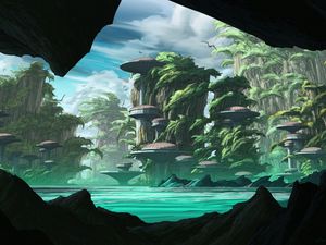 Preview wallpaper island, rocks, buildings, fantasy, sci-fi, art