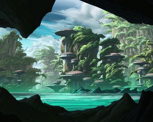 Preview wallpaper island, rocks, buildings, fantasy, sci-fi, art