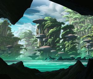 Preview wallpaper island, rocks, buildings, fantasy, sci-fi, art