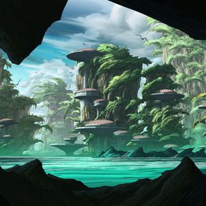 Preview wallpaper island, rocks, buildings, fantasy, sci-fi, art