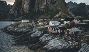 Preview wallpaper island, rocks, houses, coast, village, norway