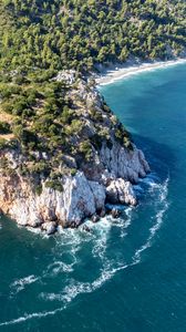 Preview wallpaper island, rocks, sea, waves, aerial view