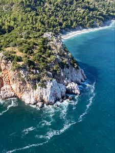 Preview wallpaper island, rocks, sea, waves, aerial view