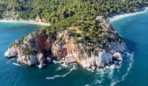 Preview wallpaper island, rocks, sea, waves, aerial view