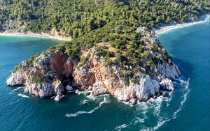 Preview wallpaper island, rocks, sea, waves, aerial view