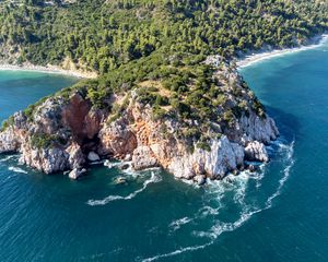 Preview wallpaper island, rocks, sea, waves, aerial view