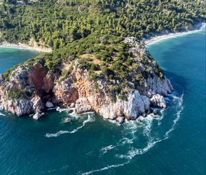 Preview wallpaper island, rocks, sea, waves, aerial view