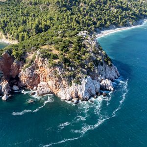 Preview wallpaper island, rocks, sea, waves, aerial view