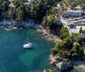 Preview wallpaper island, rocks, sea, water, boat, aerial view