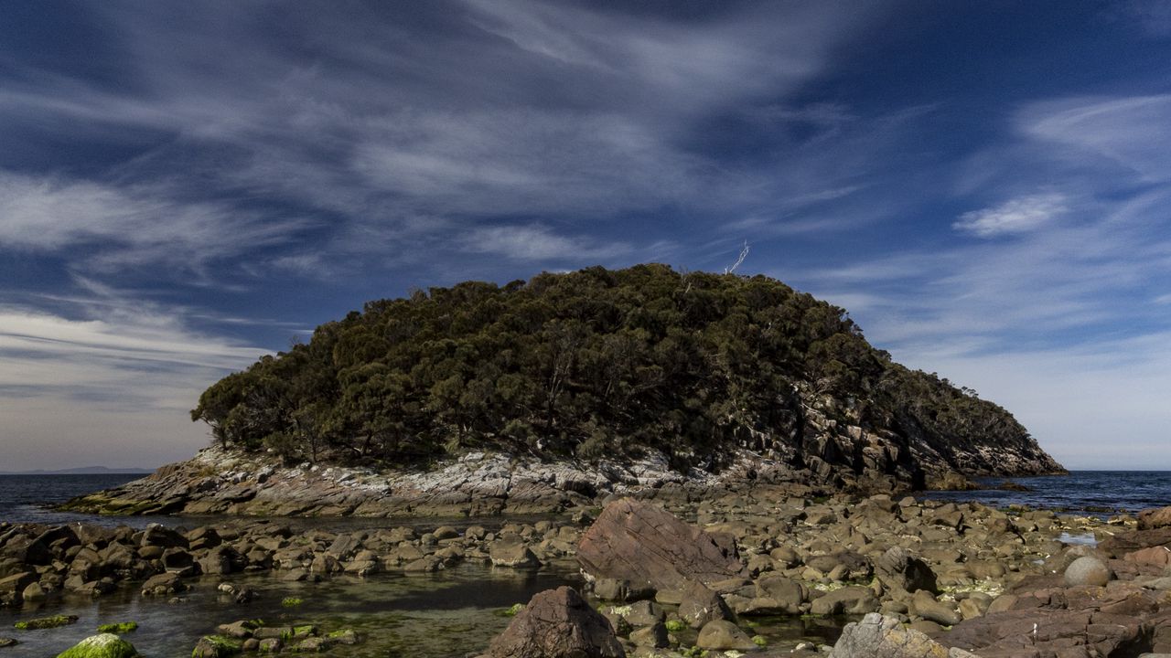 Wallpaper island, rocks, stones, clouds, sky