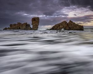 Preview wallpaper island, rocks, stream, sky, evening