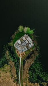 Preview wallpaper island, roofs, path, water, aerial view