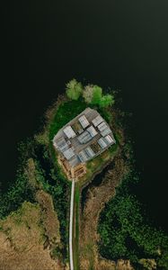 Preview wallpaper island, roofs, path, water, aerial view