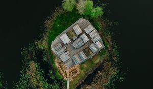 Preview wallpaper island, roofs, path, water, aerial view