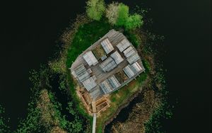 Preview wallpaper island, roofs, path, water, aerial view