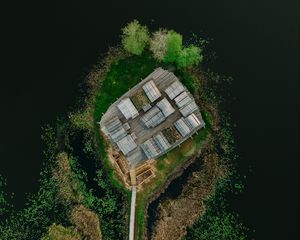 Preview wallpaper island, roofs, path, water, aerial view