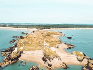 Preview wallpaper island, sea, aerial  view, coast, water