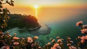 Preview wallpaper island, sea, flowers, bay, landscape, art