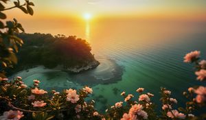 Preview wallpaper island, sea, flowers, bay, landscape, art