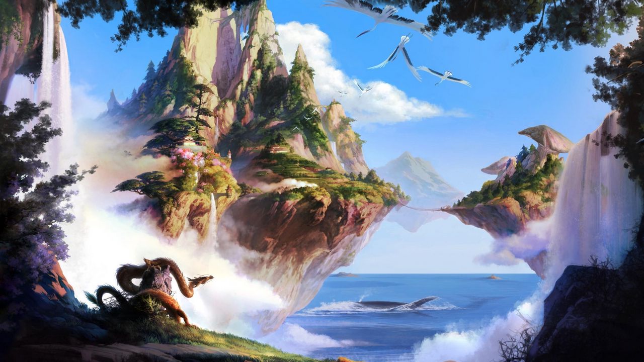 Wallpaper island, sea, sky, waterfall, trees