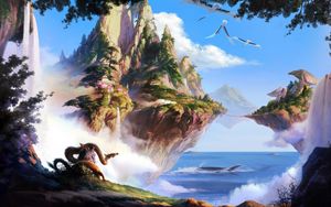 Preview wallpaper island, sea, sky, waterfall, trees