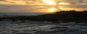 Preview wallpaper island, sea, sunset, waves, dusk, dark