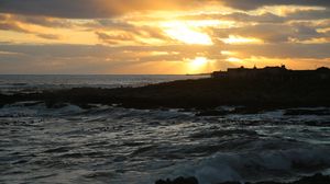 Preview wallpaper island, sea, sunset, waves, dusk, dark