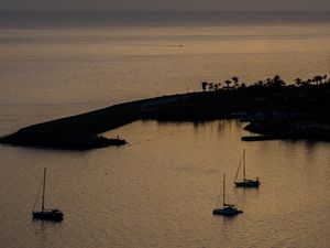 Preview wallpaper island, sea, yachts, boats, dark