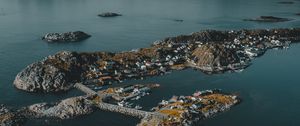 Preview wallpaper island, settlement, buildings, water, rocks