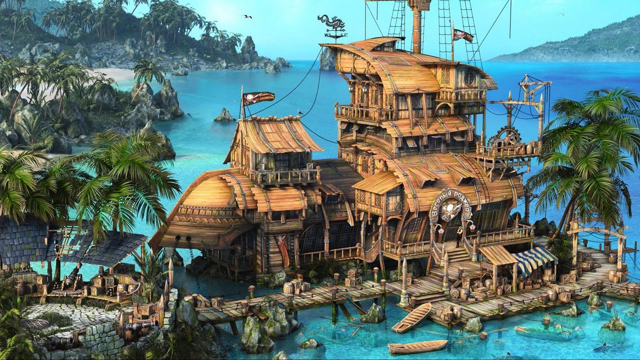 Wallpaper island, ship, house, ocean, palm trees