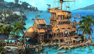 Preview wallpaper island, ship, house, ocean, palm trees
