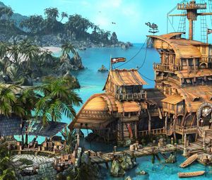 Preview wallpaper island, ship, house, ocean, palm trees