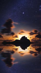 Preview wallpaper island, starry sky, stars, sea, sunset, horizon