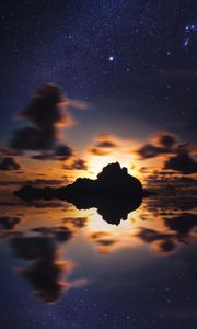 Preview wallpaper island, starry sky, stars, sea, sunset, horizon