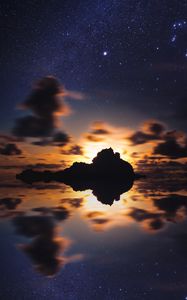 Preview wallpaper island, starry sky, stars, sea, sunset, horizon