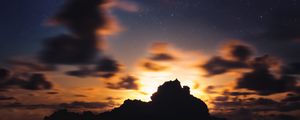 Preview wallpaper island, starry sky, stars, sea, sunset, horizon