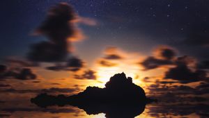 Preview wallpaper island, starry sky, stars, sea, sunset, horizon