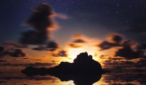 Preview wallpaper island, starry sky, stars, sea, sunset, horizon