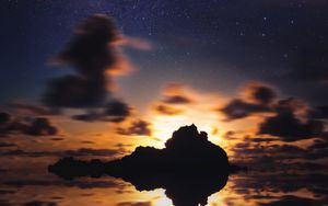 Preview wallpaper island, starry sky, stars, sea, sunset, horizon