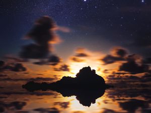 Preview wallpaper island, starry sky, stars, sea, sunset, horizon