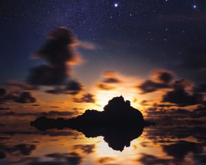 Preview wallpaper island, starry sky, stars, sea, sunset, horizon