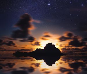 Preview wallpaper island, starry sky, stars, sea, sunset, horizon