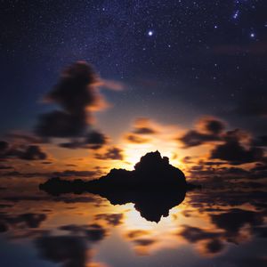 Preview wallpaper island, starry sky, stars, sea, sunset, horizon