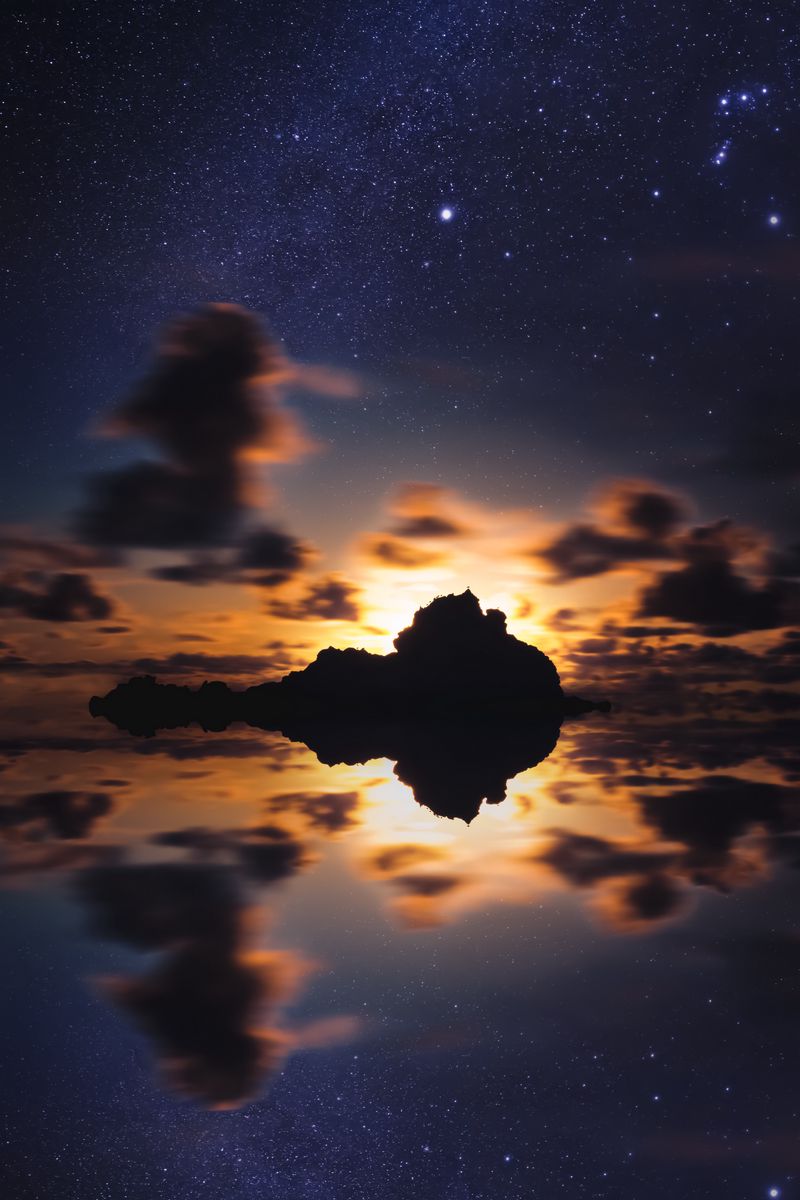 Download Wallpaper 800x1200 Island Starry Sky Stars Sea Sunset